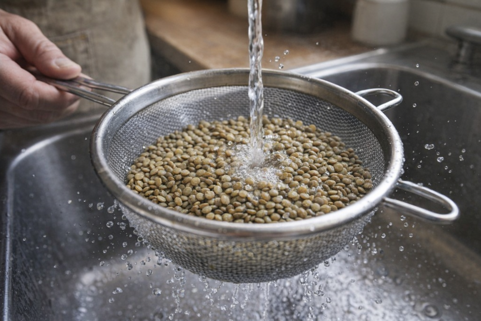 A close-up shot of raw lentils being rinsed in a stainless steel fine-mesh strainer under a stream of cold water, with stray droplets scattered around